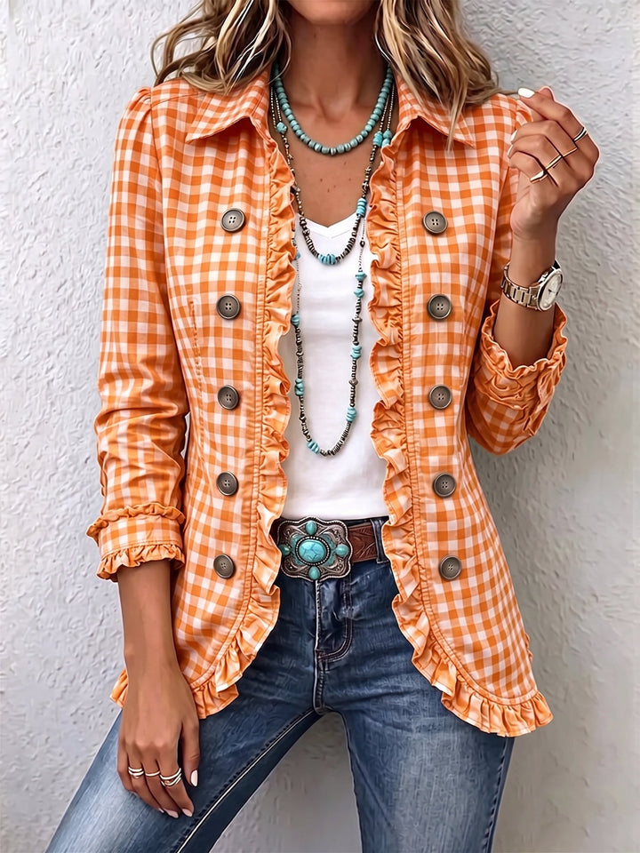 Evelyn | Geruite Ruffled Button-Down Jacket