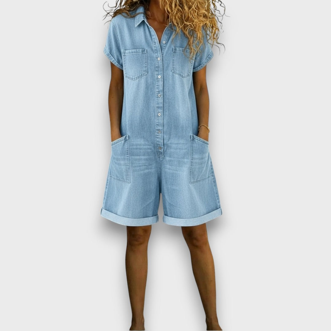 Bella - Vintage Korte Jumpsuit in Katoen met Denim Look