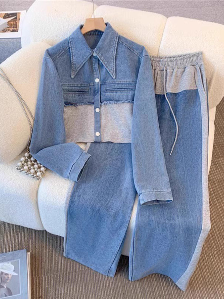 Natalie | Kleurblok Cropped Jacket & Wijde Broek Set