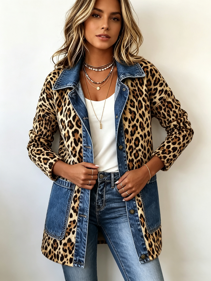 Nora | Luipaardprint Denim Paneel Contrast Lange Jas