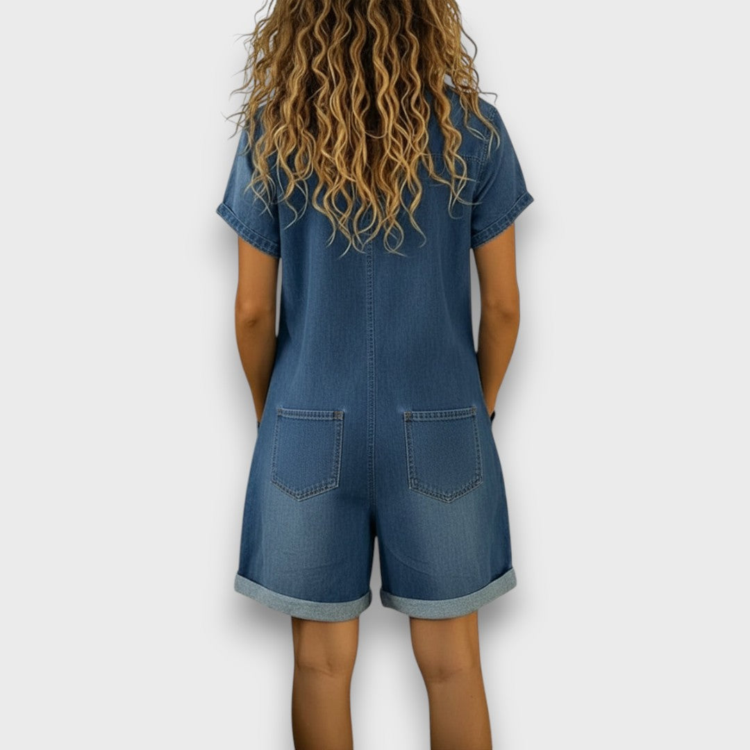 Bella - Vintage Korte Jumpsuit in Katoen met Denim Look