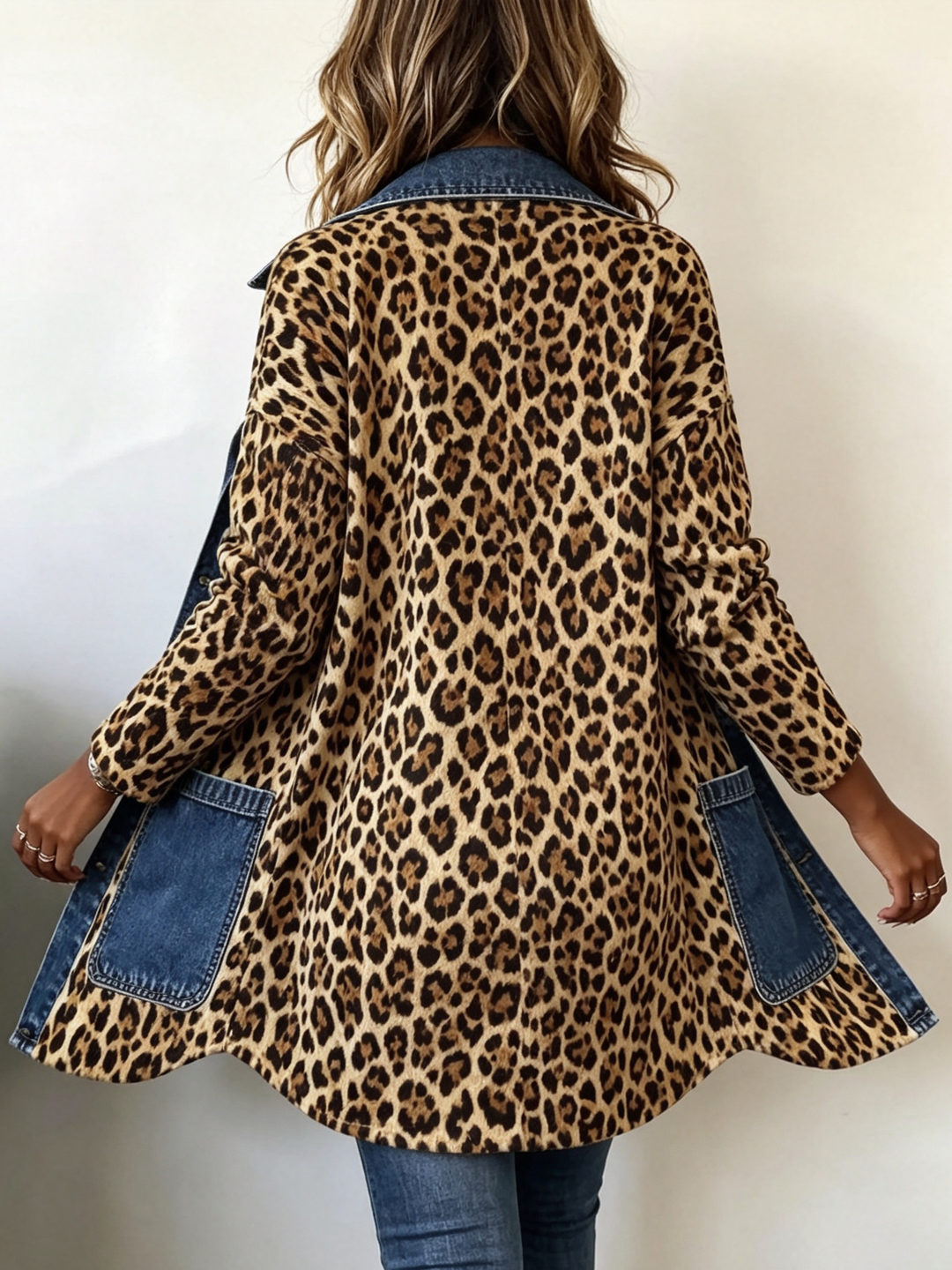 Nora | Luipaardprint Denim Paneel Contrast Lange Jas