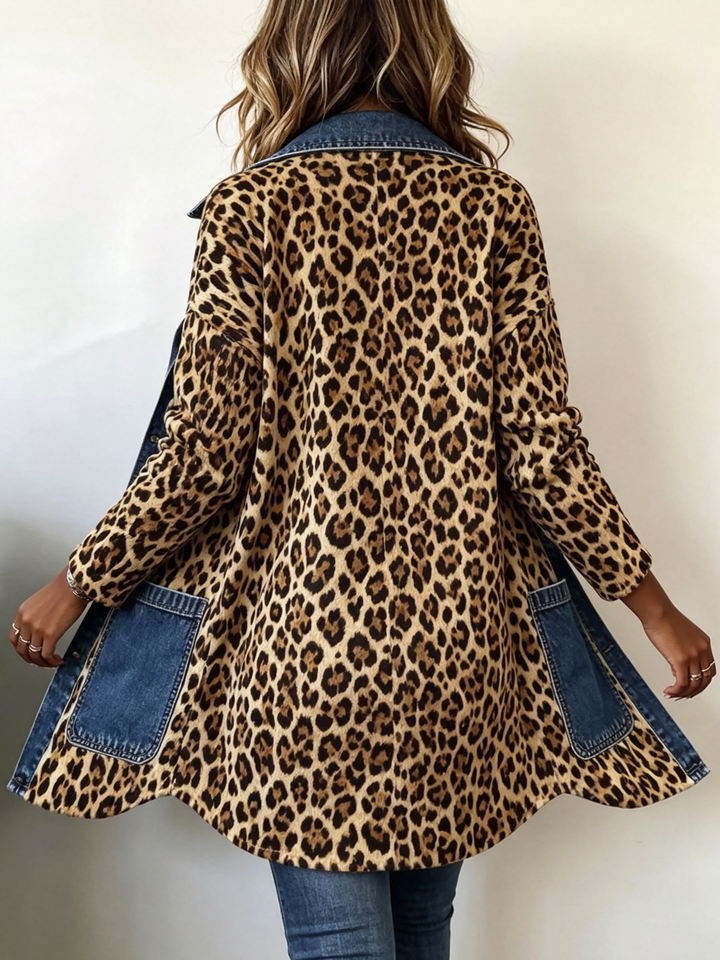 Nora | Luipaardprint Denim Paneel Contrast Lange Jas