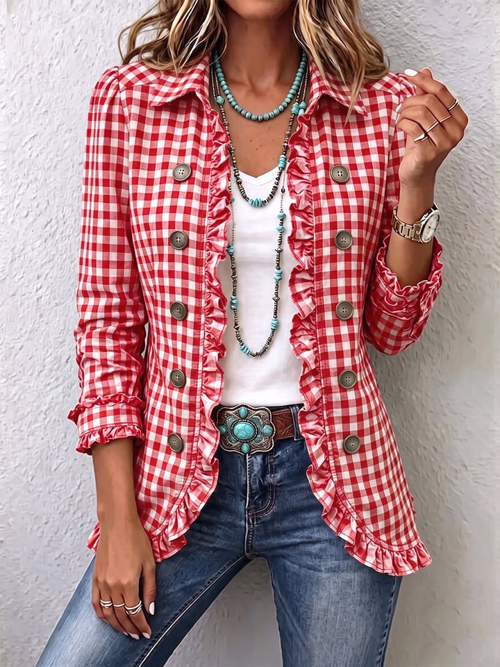 Evelyn | Geruite Ruffled Button-Down Jacket