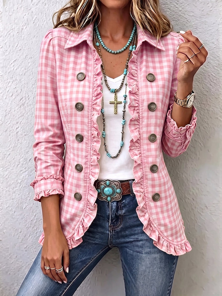 Evelyn | Geruite Ruffled Button-Down Jacket
