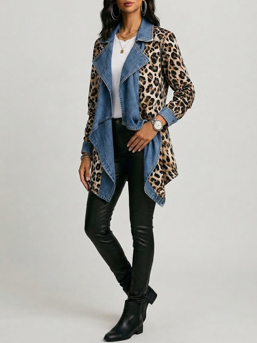 Victoria | Luipaardprint & Gewassen Denim Gecombineerde Mid-Lengte Jas
