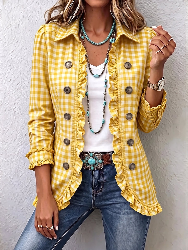 Evelyn | Geruite Ruffled Button-Down Jacket