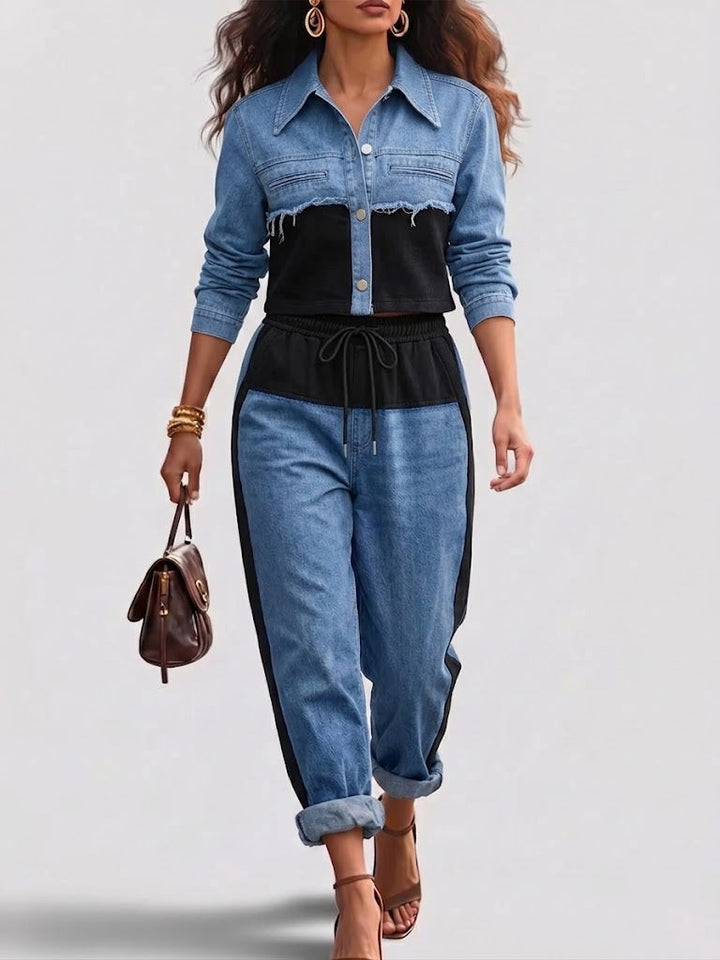 Natalie | Kleurblok Cropped Jacket & Wijde Broek Set