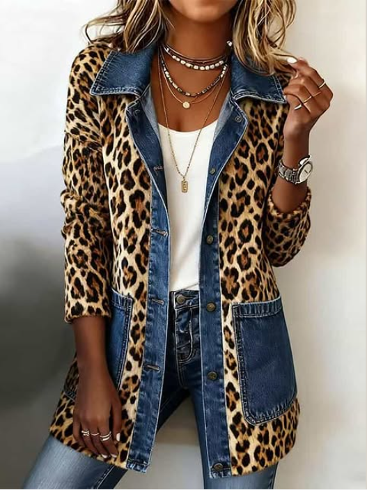 Nora | Luipaardprint Denim Paneel Contrast Lange Jas