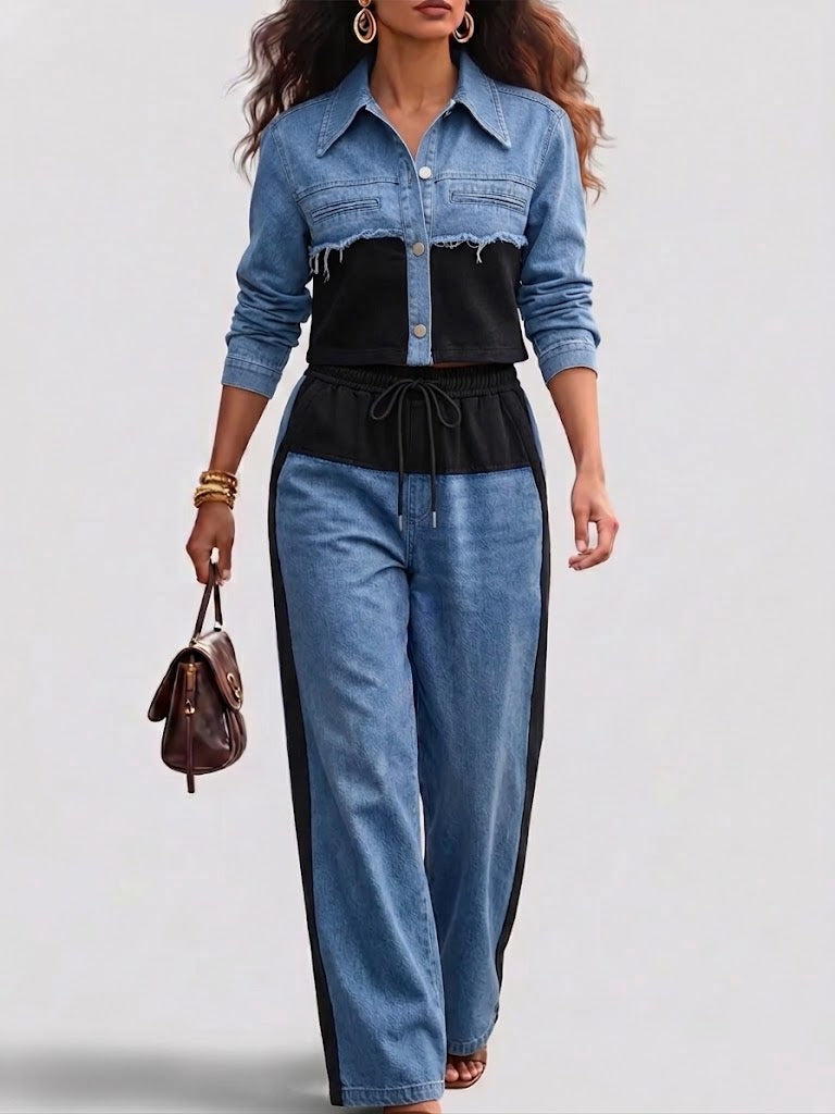 Natalie | Kleurblok Cropped Jacket & Wijde Broek Set