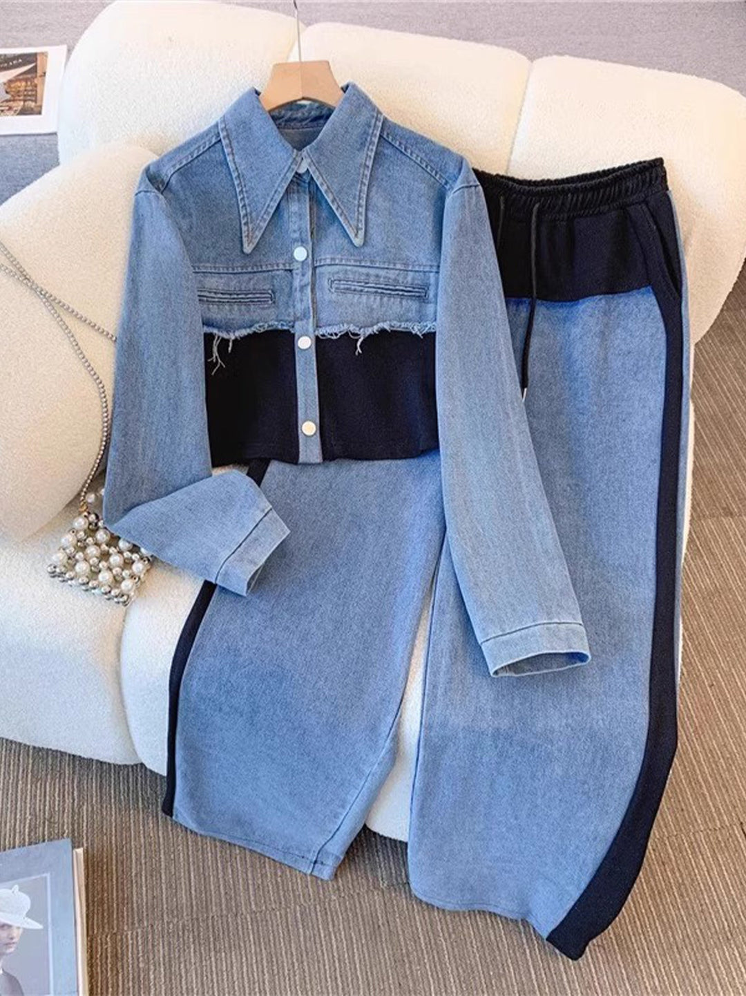 Natalie | Kleurblok Cropped Jacket & Wijde Broek Set