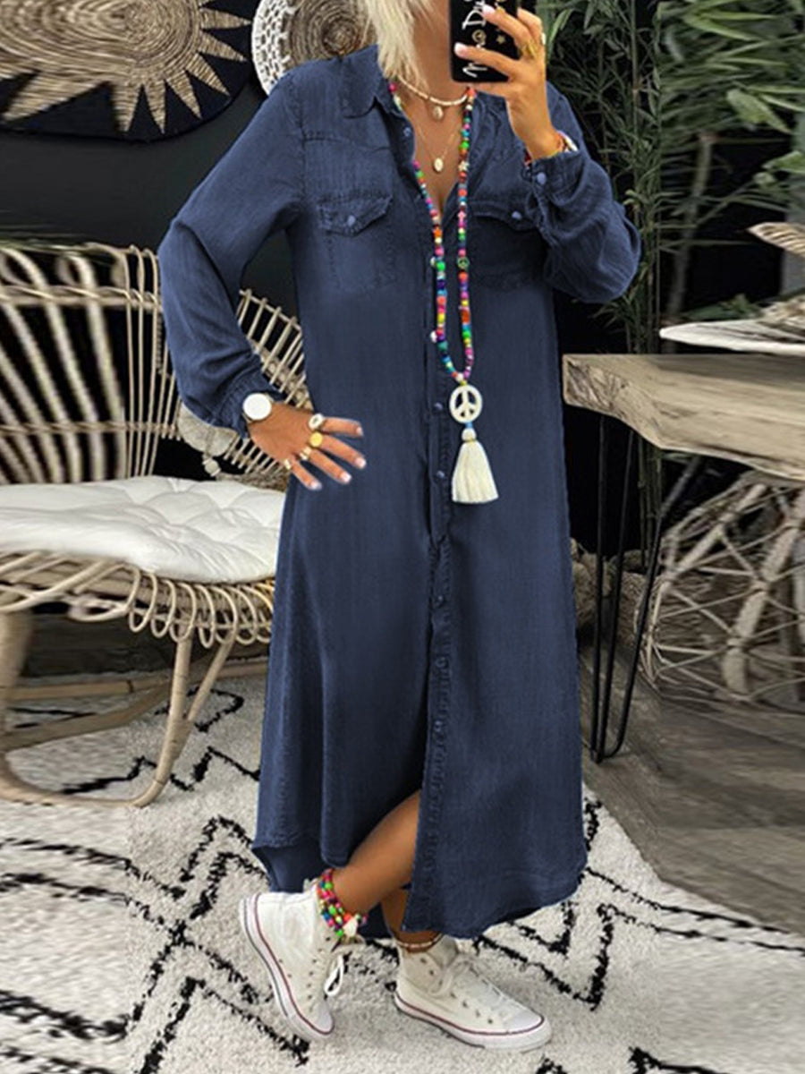 Erica - Casual Elegante Lange Denim Shirt Jurk