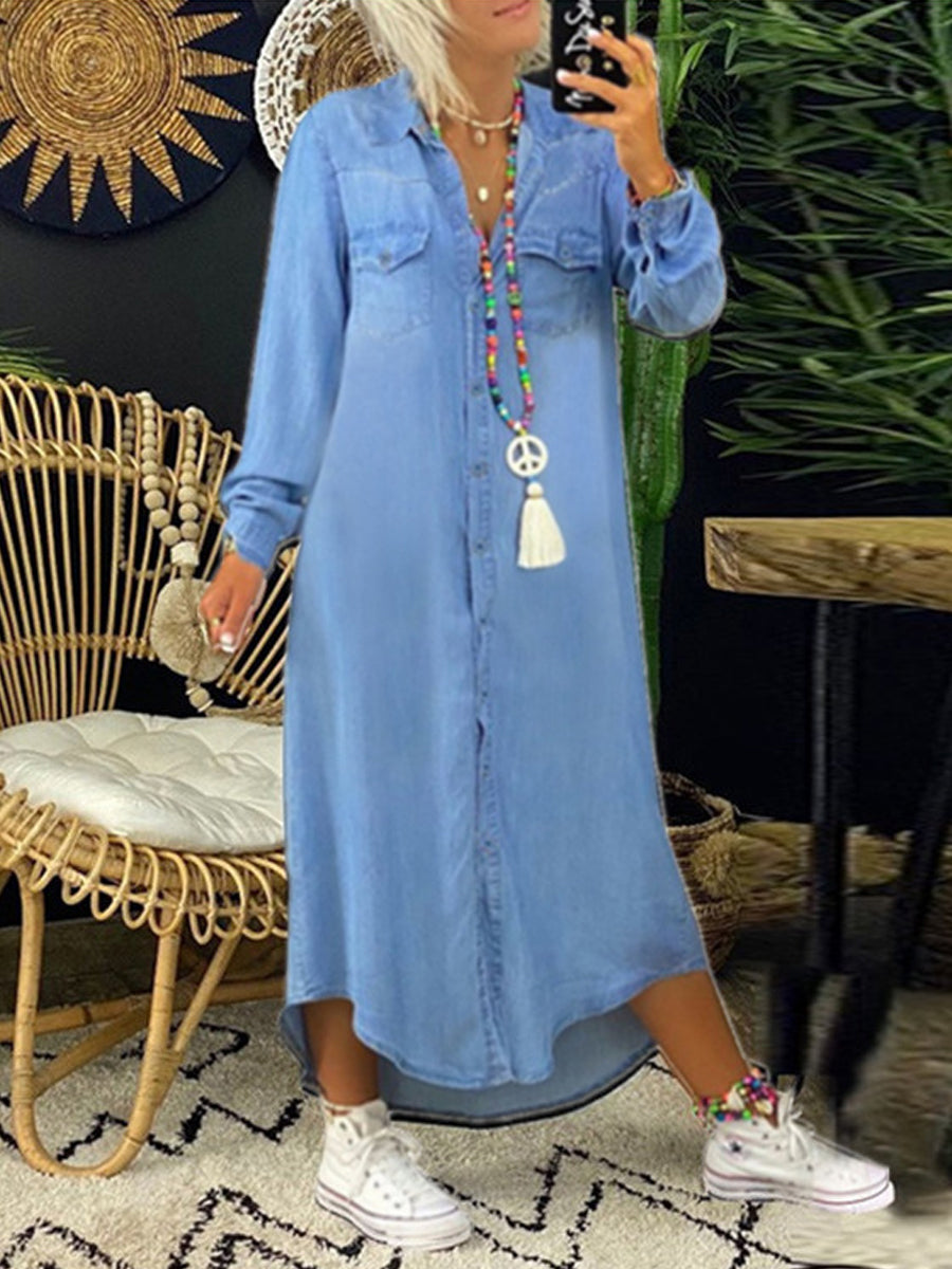 Erica - Casual Elegante Lange Denim Shirt Jurk